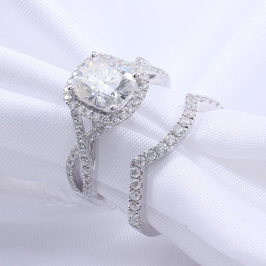 Cushion Cut (2 carat) Infinity Micro Pave Band Ring & Eternity Band Set - Moissanite, Done Better.
