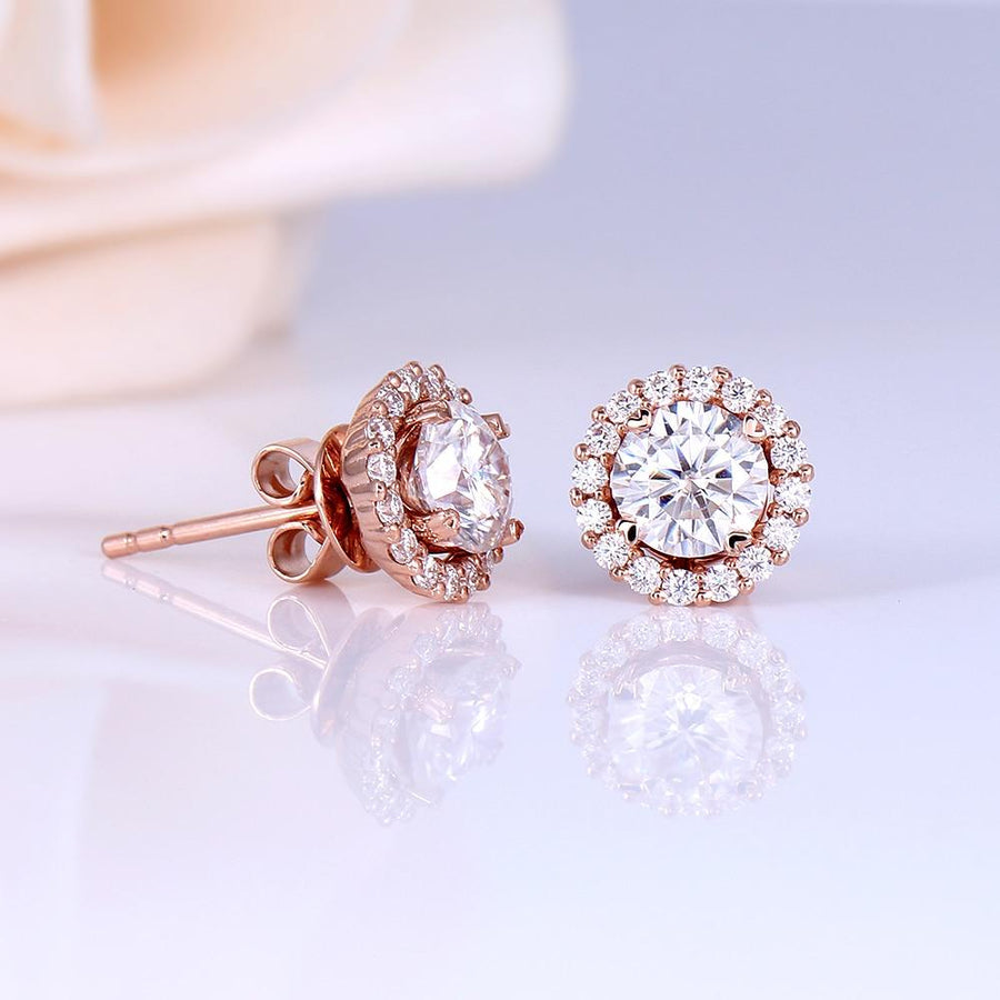 Round 3CT Stud Earrings with Removable Halo in 14K Rose Gold - Moissanite, Done Better.
