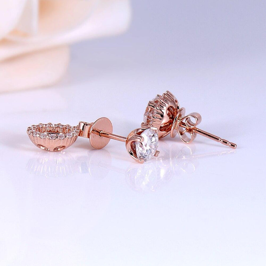 Round 3CT Stud Earrings with Removable Halo in 14K Rose Gold - Moissanite, Done Better.