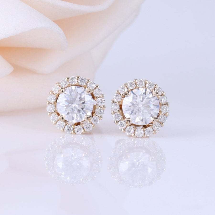 Round 3CT Stud Earrings with Removable Halo in 14K Yellow Gold - Moissanite, Done Better.