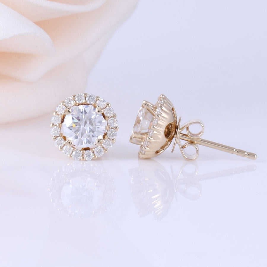 Round 3CT Stud Earrings with Removable Halo in 14K Yellow Gold - Moissanite, Done Better.