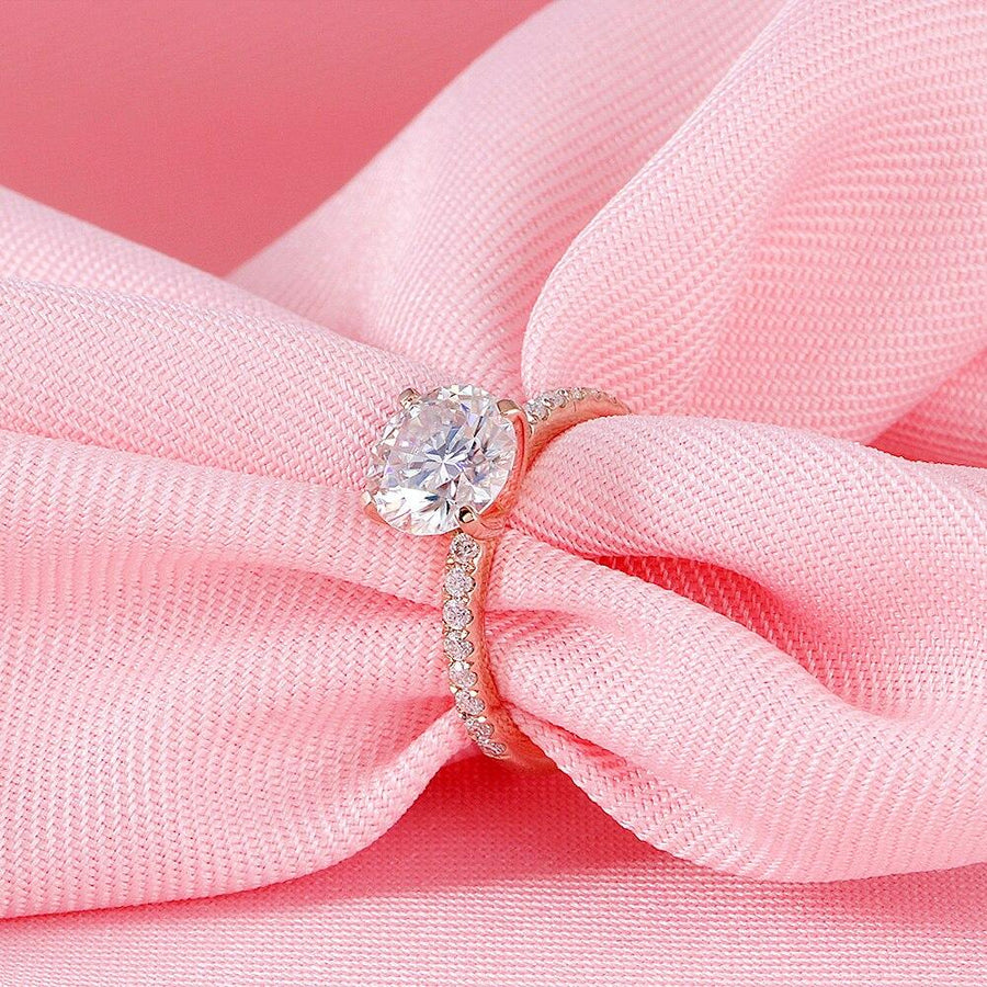 Round Pave Band 2CT Solitaire Ring in 14K Rose Gold - Moissanite, Done Better.