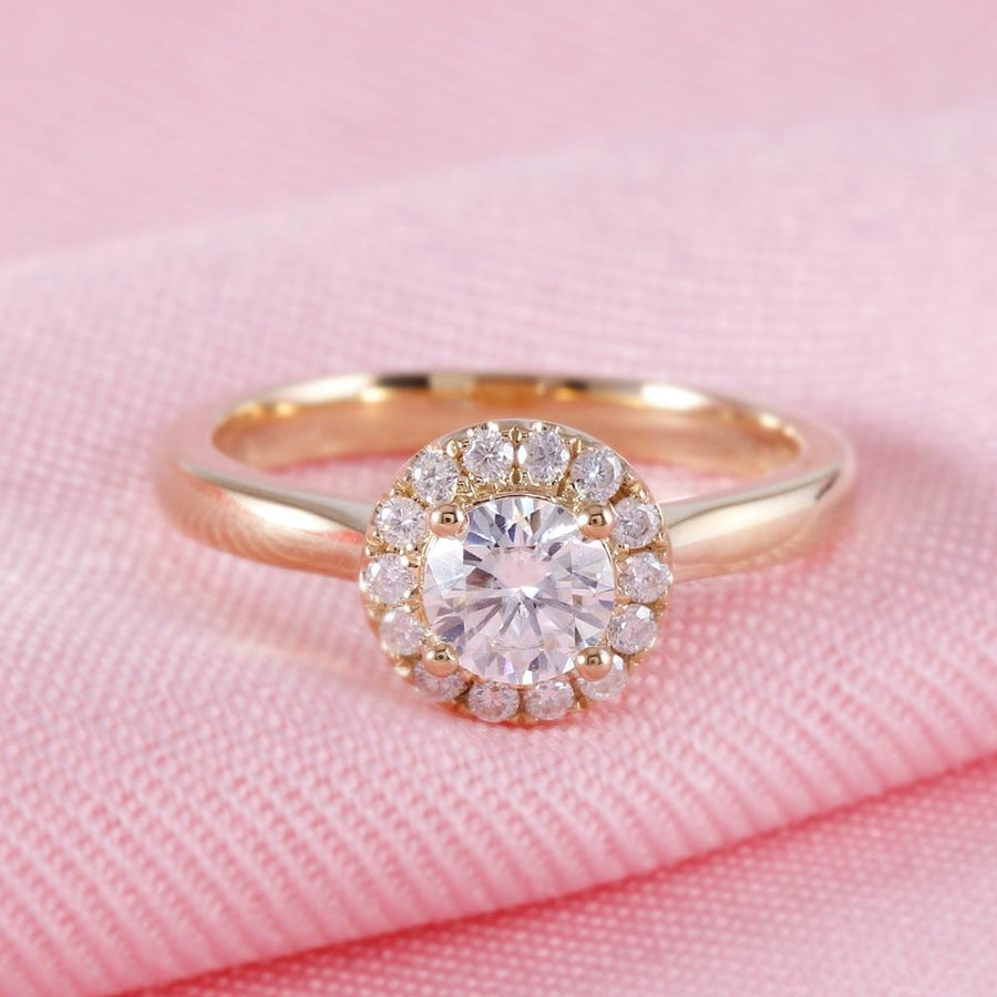 Round Solitaire Halo 0.5CT Ring in 14K Yellow Gold - Moissanite, Done Better.