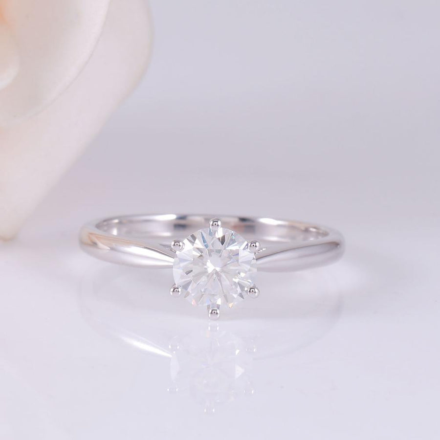 Round Solitaire Six Prong 1CT Ring in White Gold - Moissanite, Done Better.