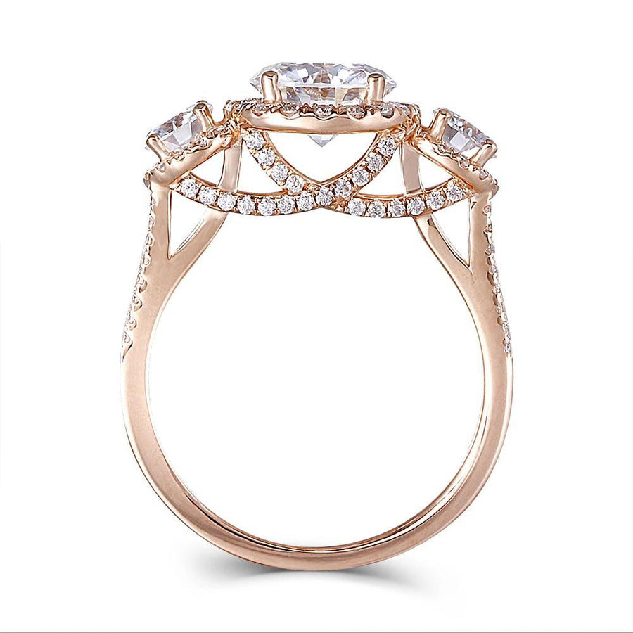 Round Three Stone Triple Halo Ring in 18K Rose Gold - Moissanite, Done Better.