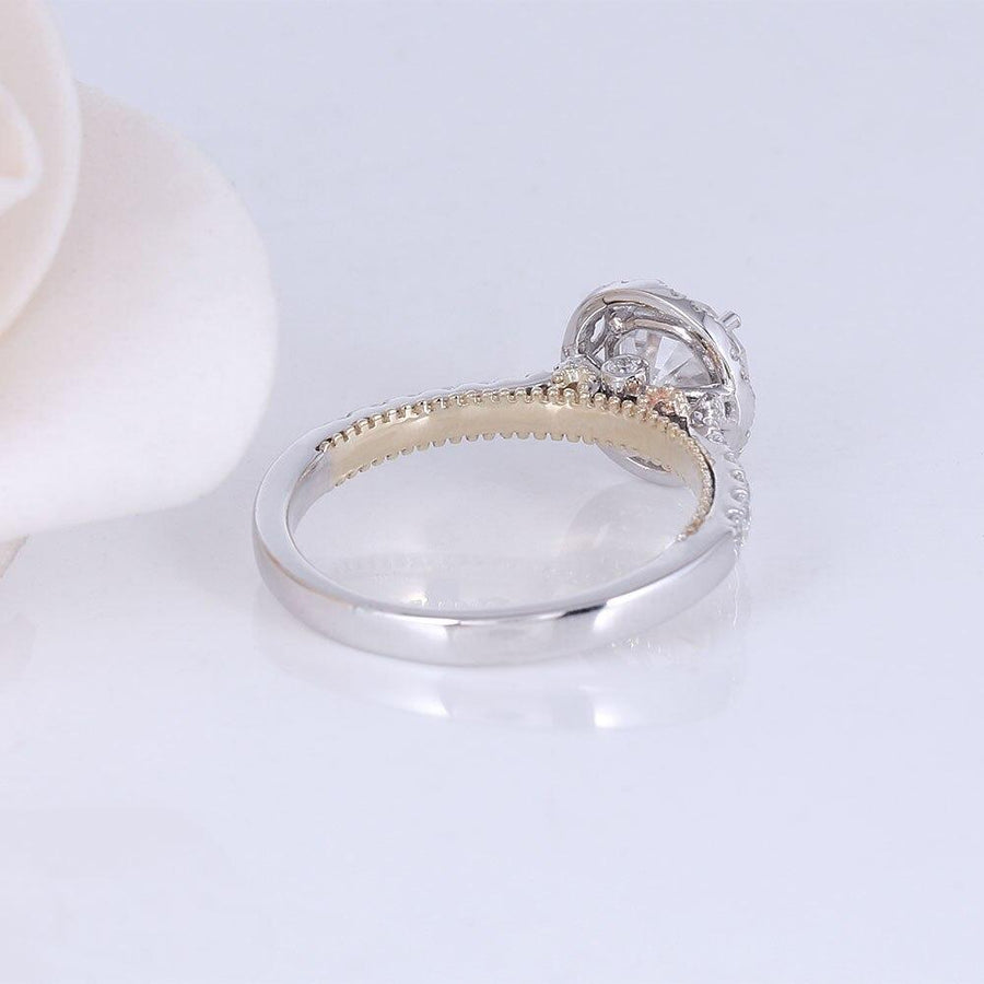 Vintage Halo with Pave Band 1CT Ring in 14K White and Yellow Gold - Moissanite, Done Better.