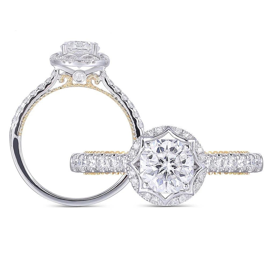 Vintage Halo with Pave Band 1CT Ring in 14K White and Yellow Gold - Moissanite, Done Better.