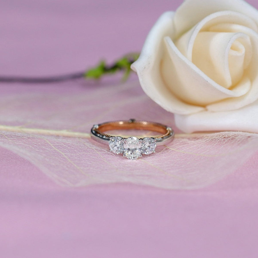Vintage Three Stone Oval 0.6CT Ring in 14K Rose & White Gold - Moissanite, Done Better.