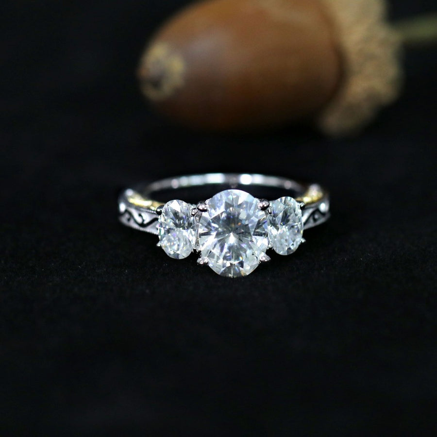 Vintage Three Stone Oval 1.5CT Ring in 14K White & Yellow Gold - Moissanite, Done Better.